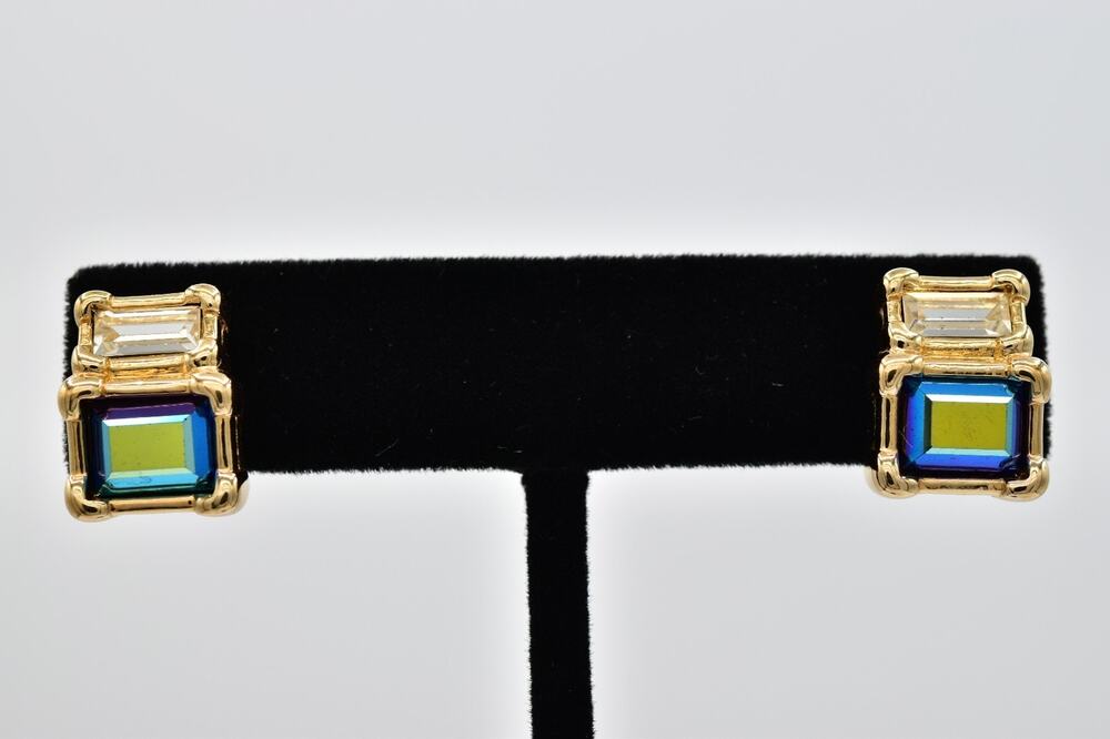 Swarovski Vintage Blue Green AB Crystal Geometric Earrings Gold Signed 90s BinAZ